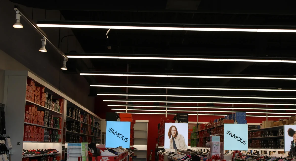Interior shot of Famous Footwear showing the lighting fixtures.